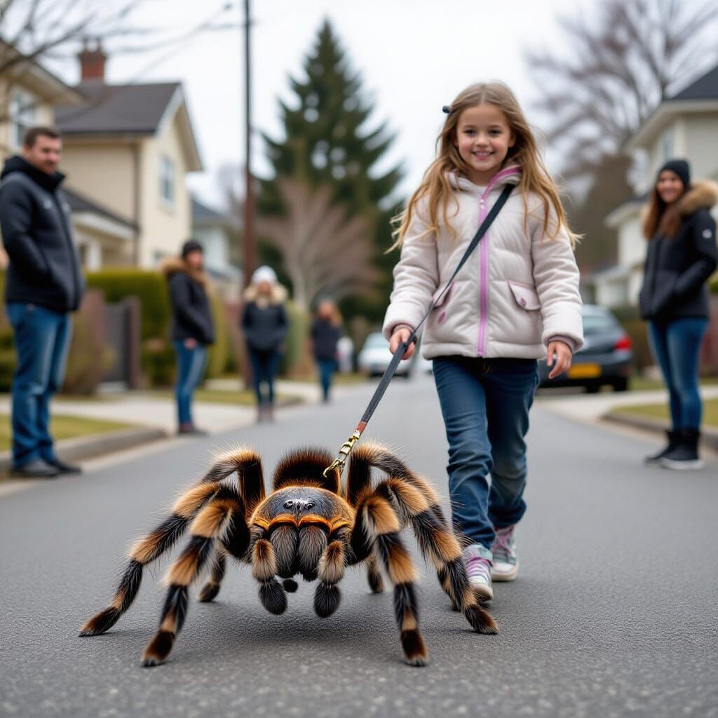 Girl Walks Giant Spider, Suburban Horror Photo