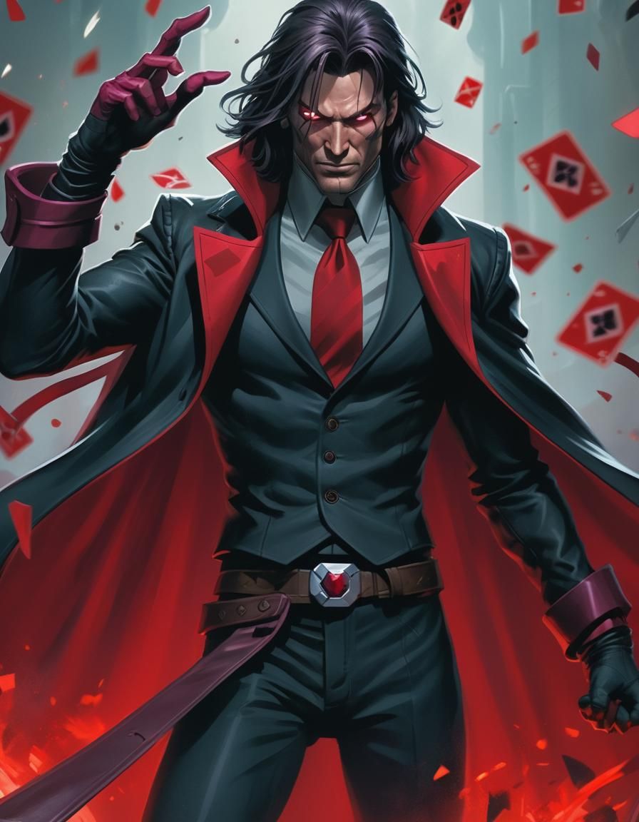 Mysterious Mage Wields Cards in Eerie Red Glow