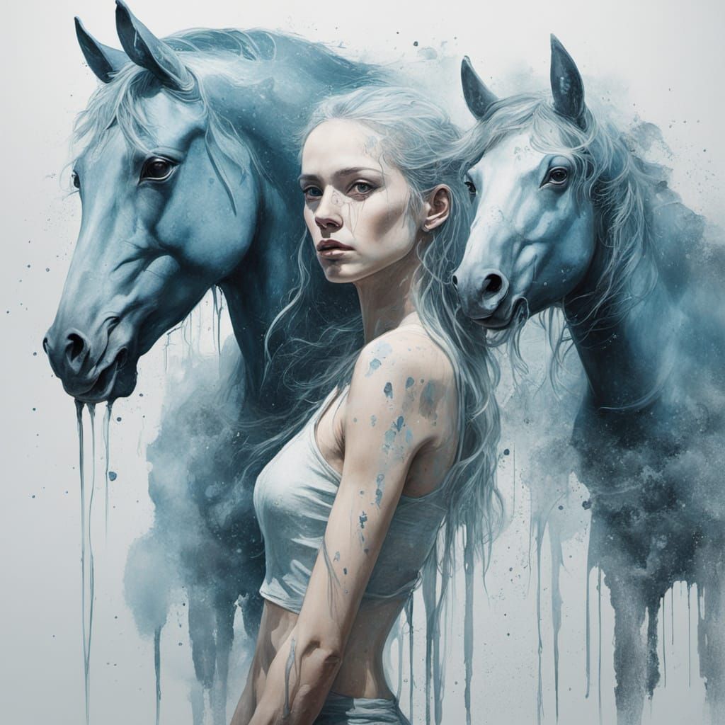 Abstract Surrealism Painting of a Sea Nymph and Horses