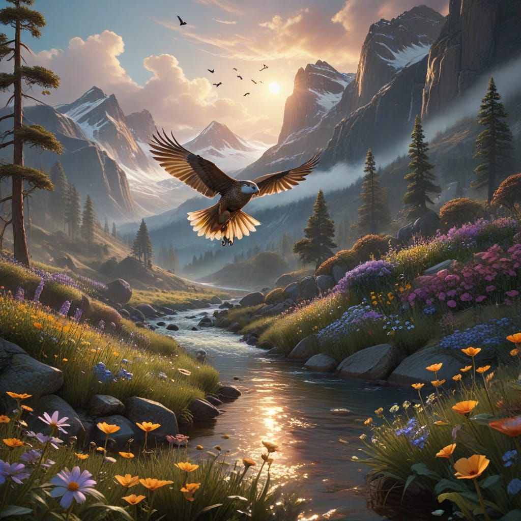 Majestic Birds in Flight Amidst Lush Wildflowers and Misty M...