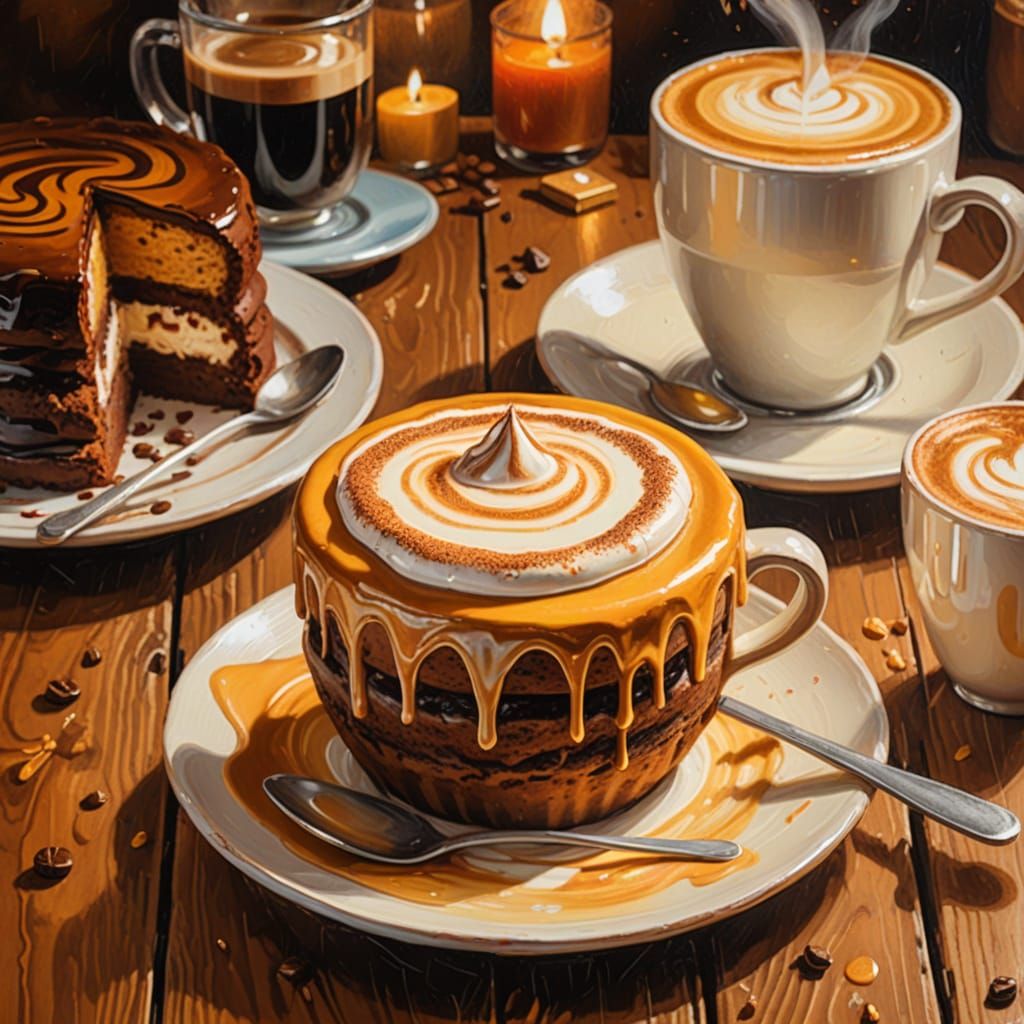 Cozy Latte and Cappuccino in Vintage Oil Painting Style