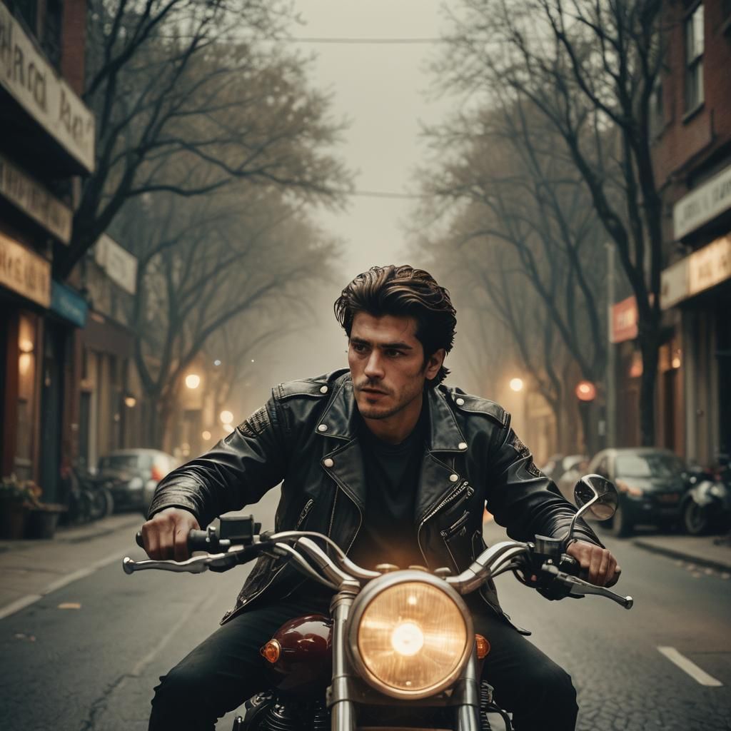 Micimackó Rides Motorcycle: Cinematic Film Still