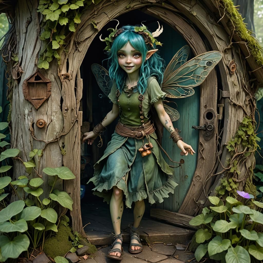 Pixie Emerges from Mushroom Cottage