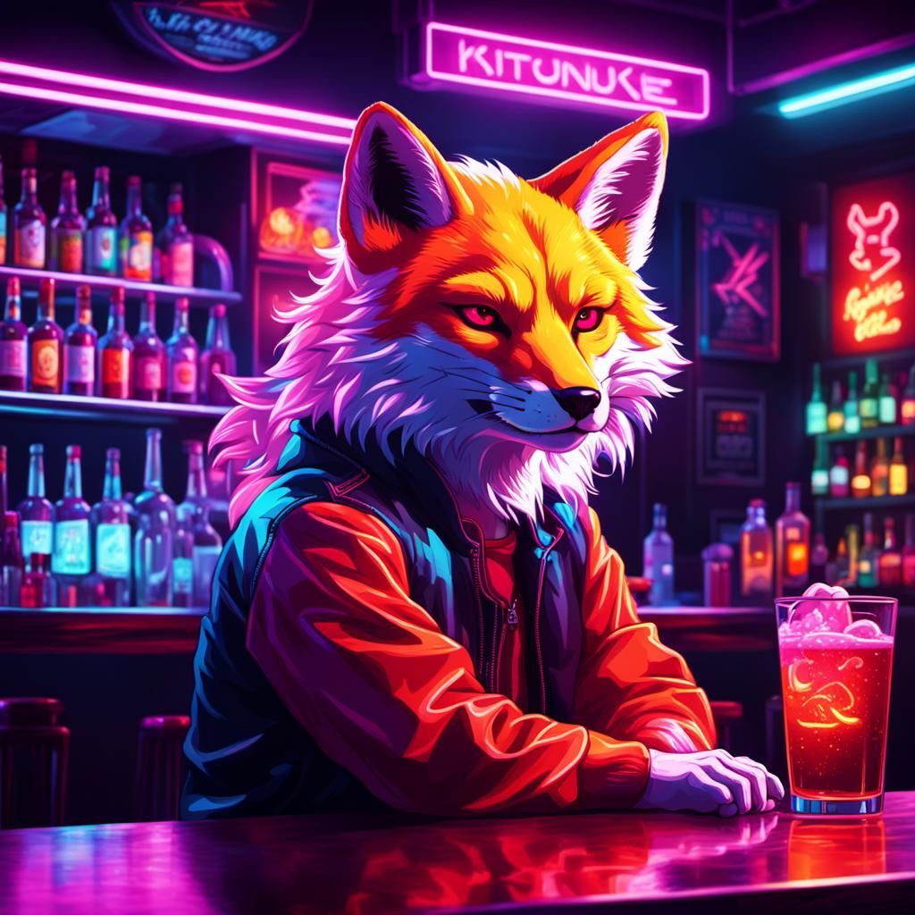 Kitsune at Neon Bar in Synthwave Style