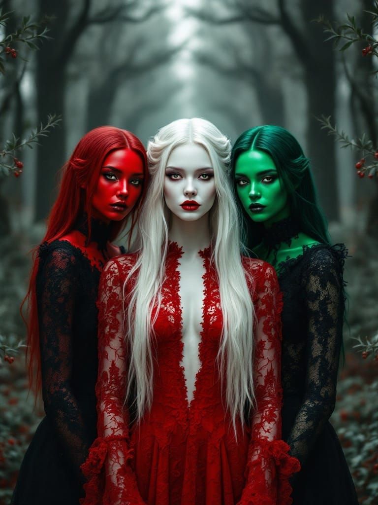 Three Women Unite in a Dark, Holly-Framed Triad