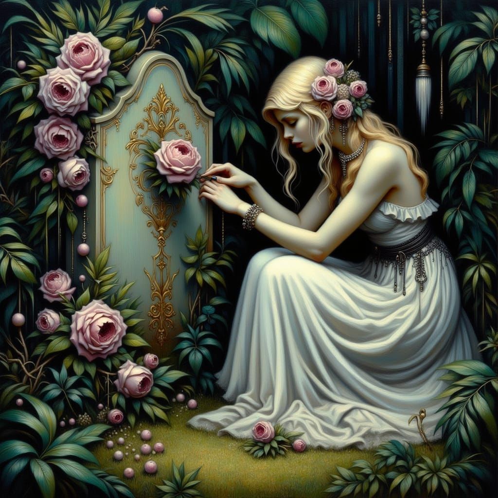 Gothic Woman Honors Memories in a Forgotten Cemetery