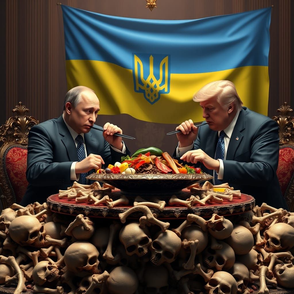 Putin and Trump Feast Amidst Human Bones and Skulls in a Hau...