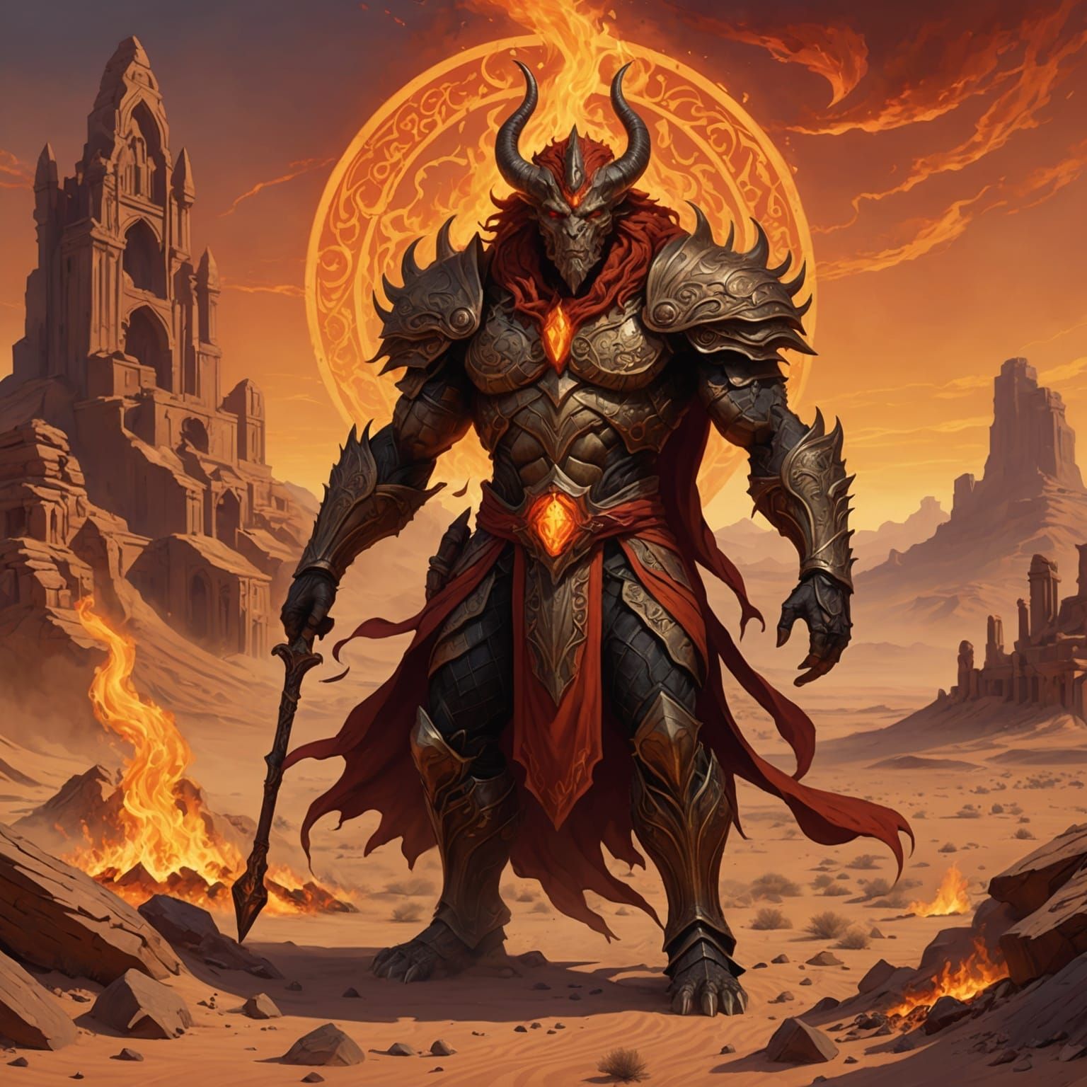 Ifrit in Desert Wasteland, Art Nouveau Style