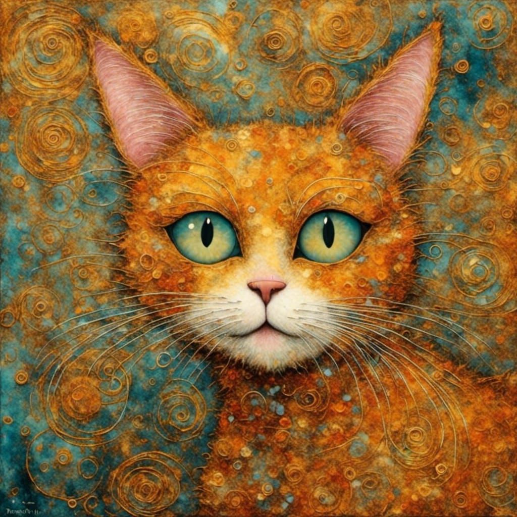 Ginger Cat Painting in Gustav Klimt Style