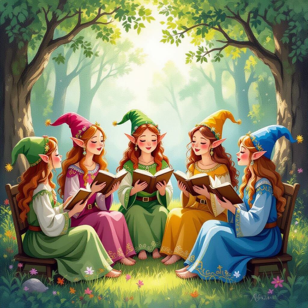 Elves Singing a Beautiful Song: Gouache Painting