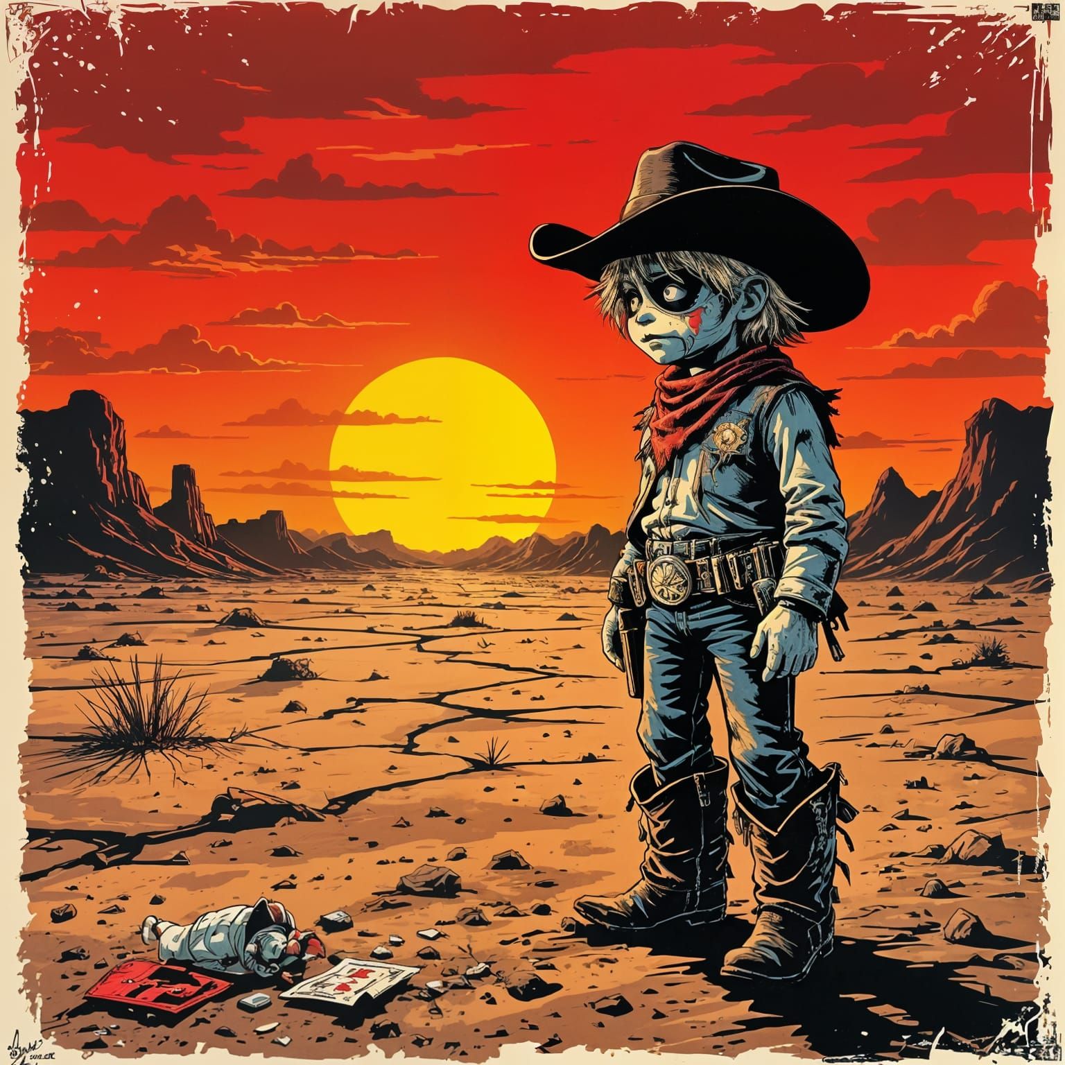 Cowboy Garbage Pail Kid in Dusty Sunset Landscape