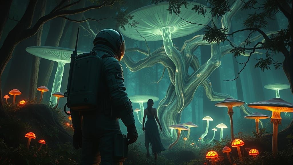 Astronaut in Awe Amidst Glowing, Arcane Forest