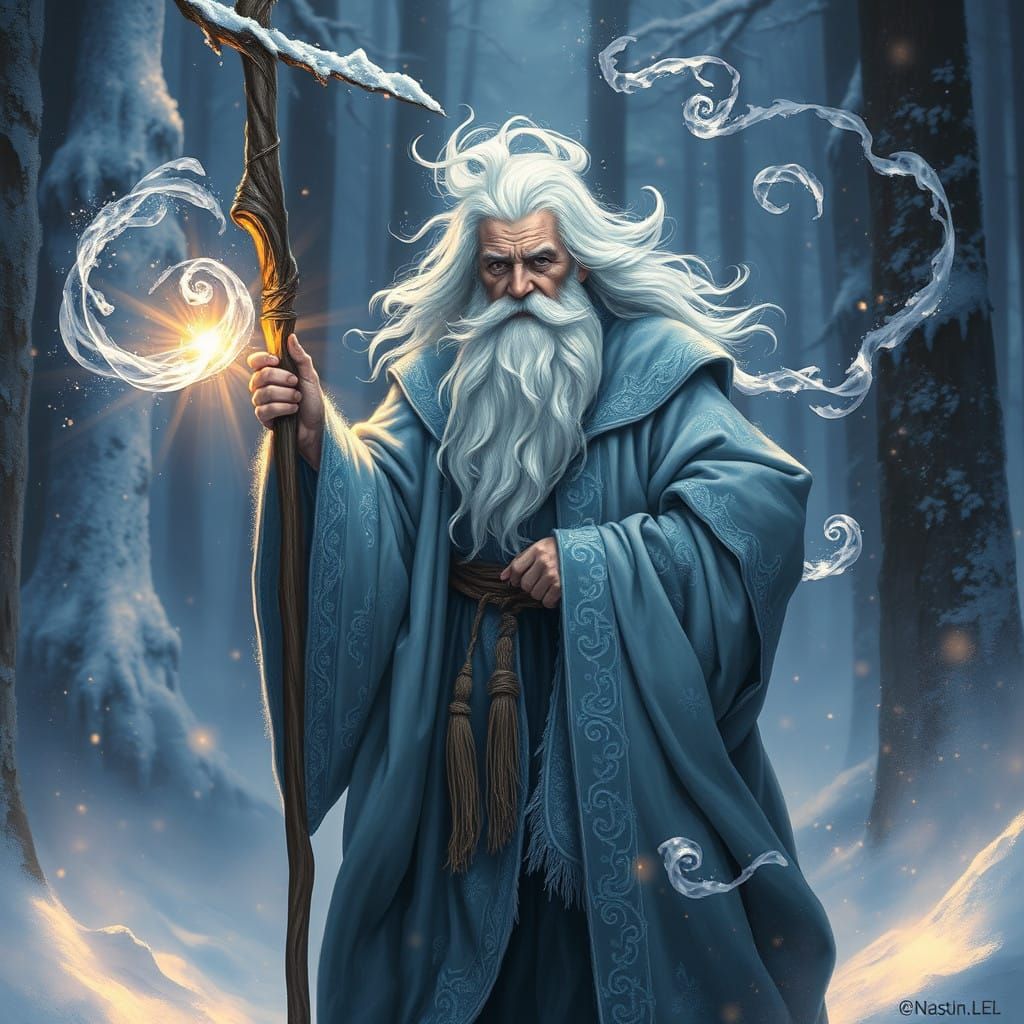 Ethereal Wizard Weaves Frozen Magic in Snowy Forest