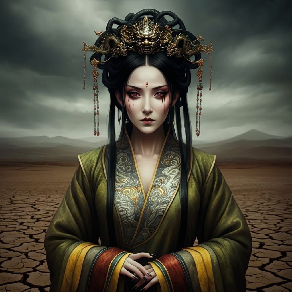 Ethereal Chinese Demoness Nüba Stands Amidst Drought-Scarred...