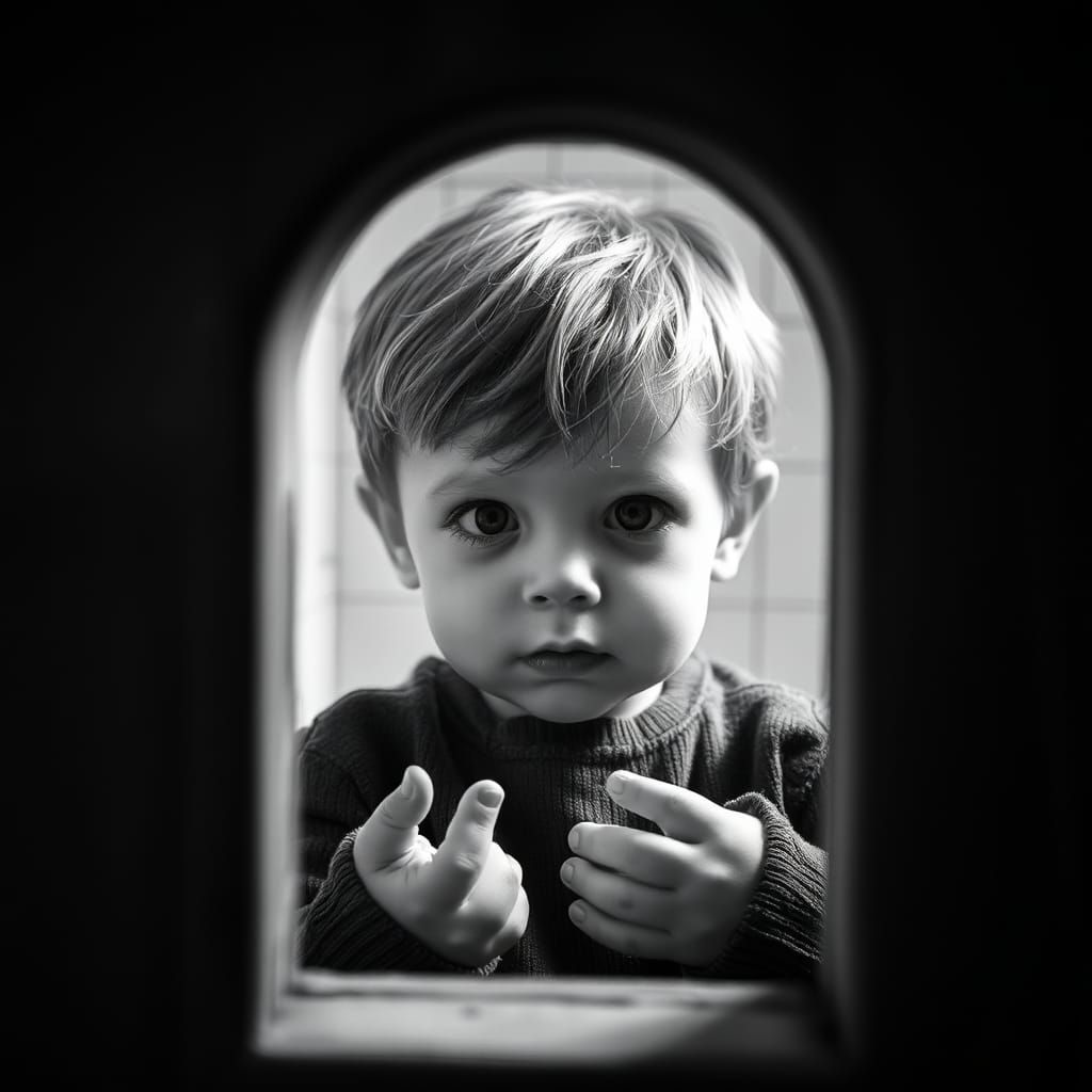 Boy Peeking Through Keyhole, in Photographic Style