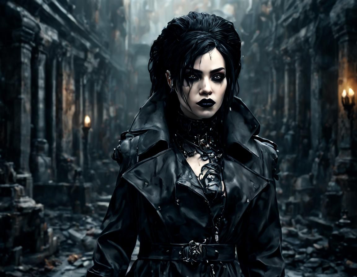 Gothic Queen in Black Trench Coat, Gothic Art