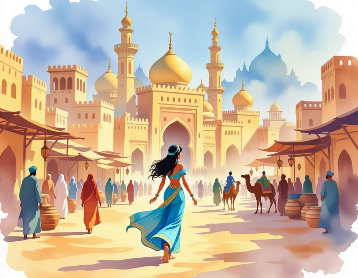 Watercolor Agrabah Kingdom with Woman in Red Hat