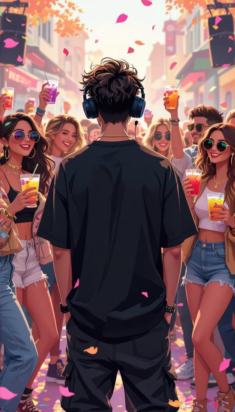 DJ Crowd Scene in Comic Style