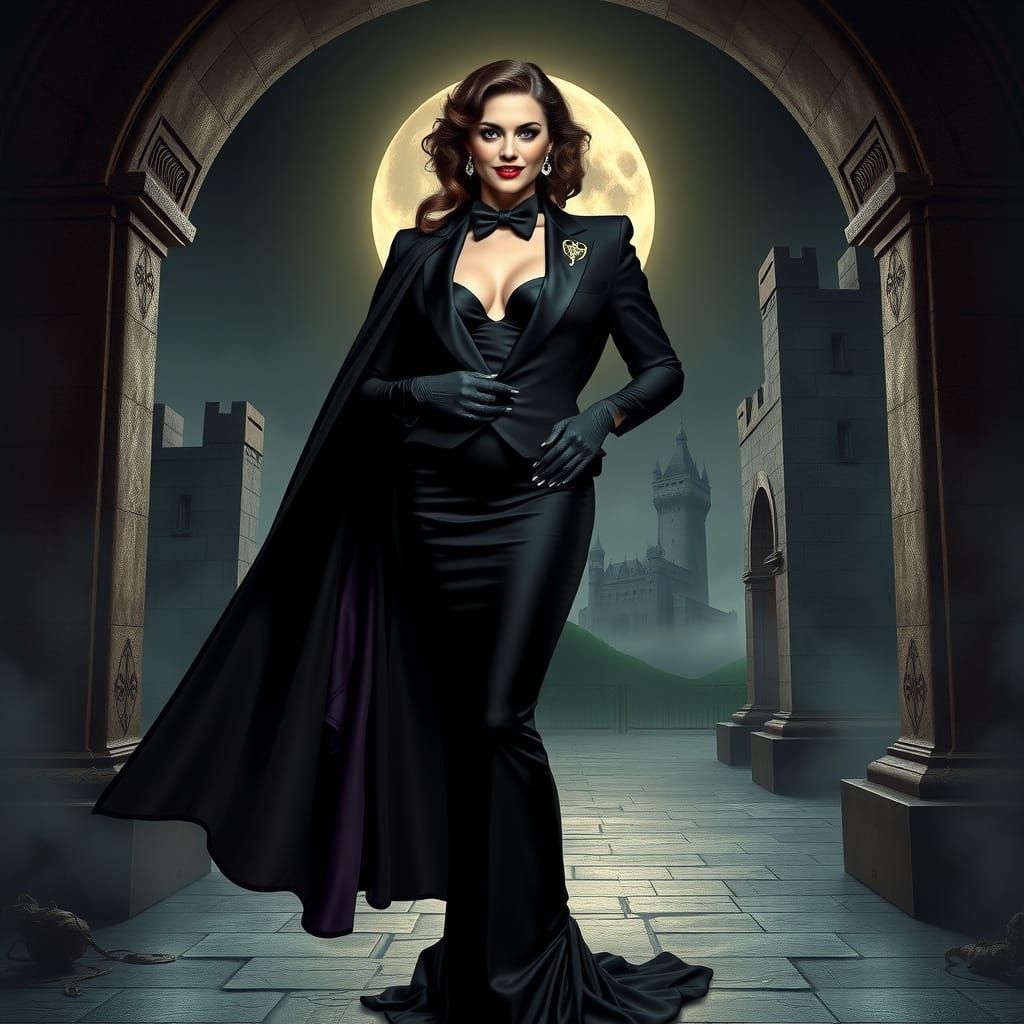 Mysterious Vampire Countess in Black Tie Attire
