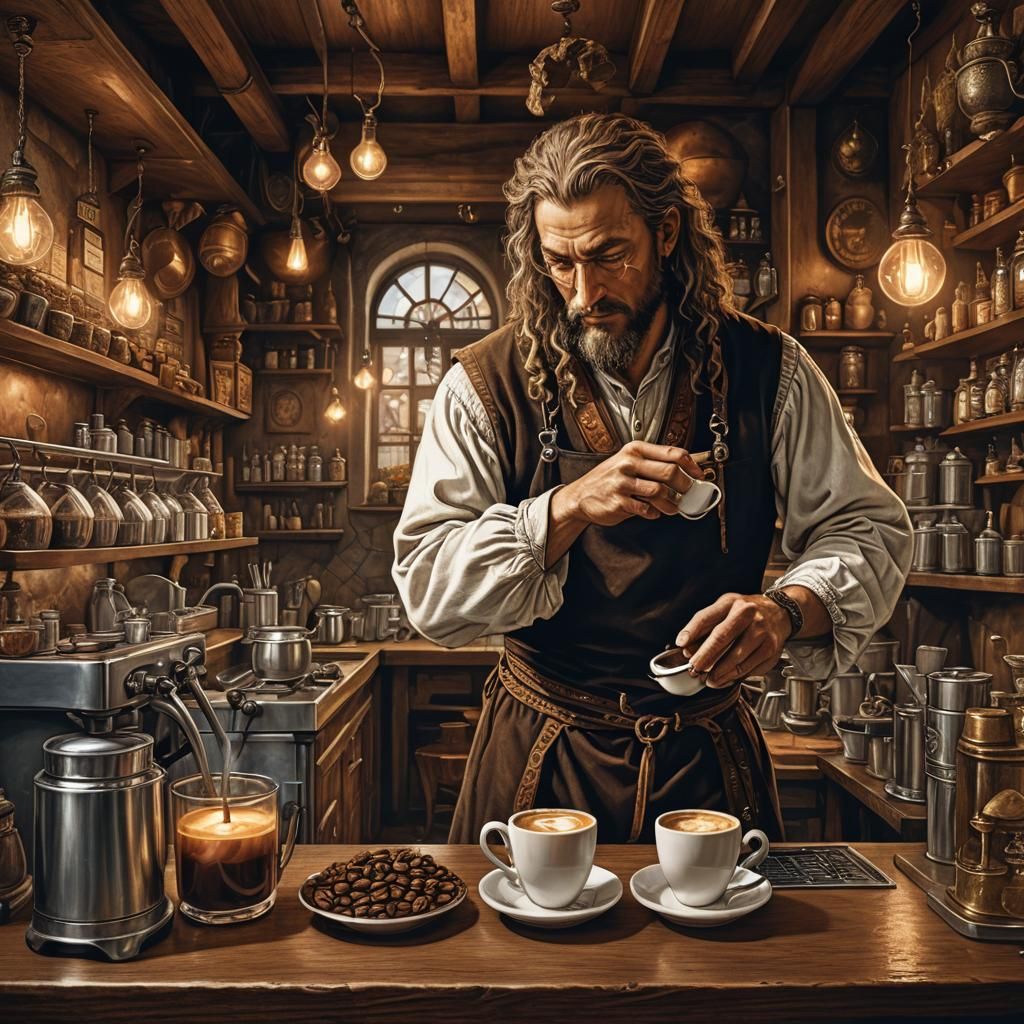 Renaissance Barista in Cozy Cafe, Detailed Fantasy Art