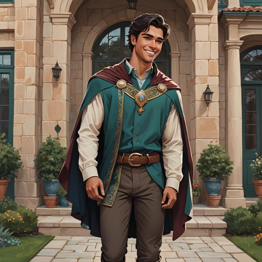 Beautiful Boy in Cape Smiling Before Grand House