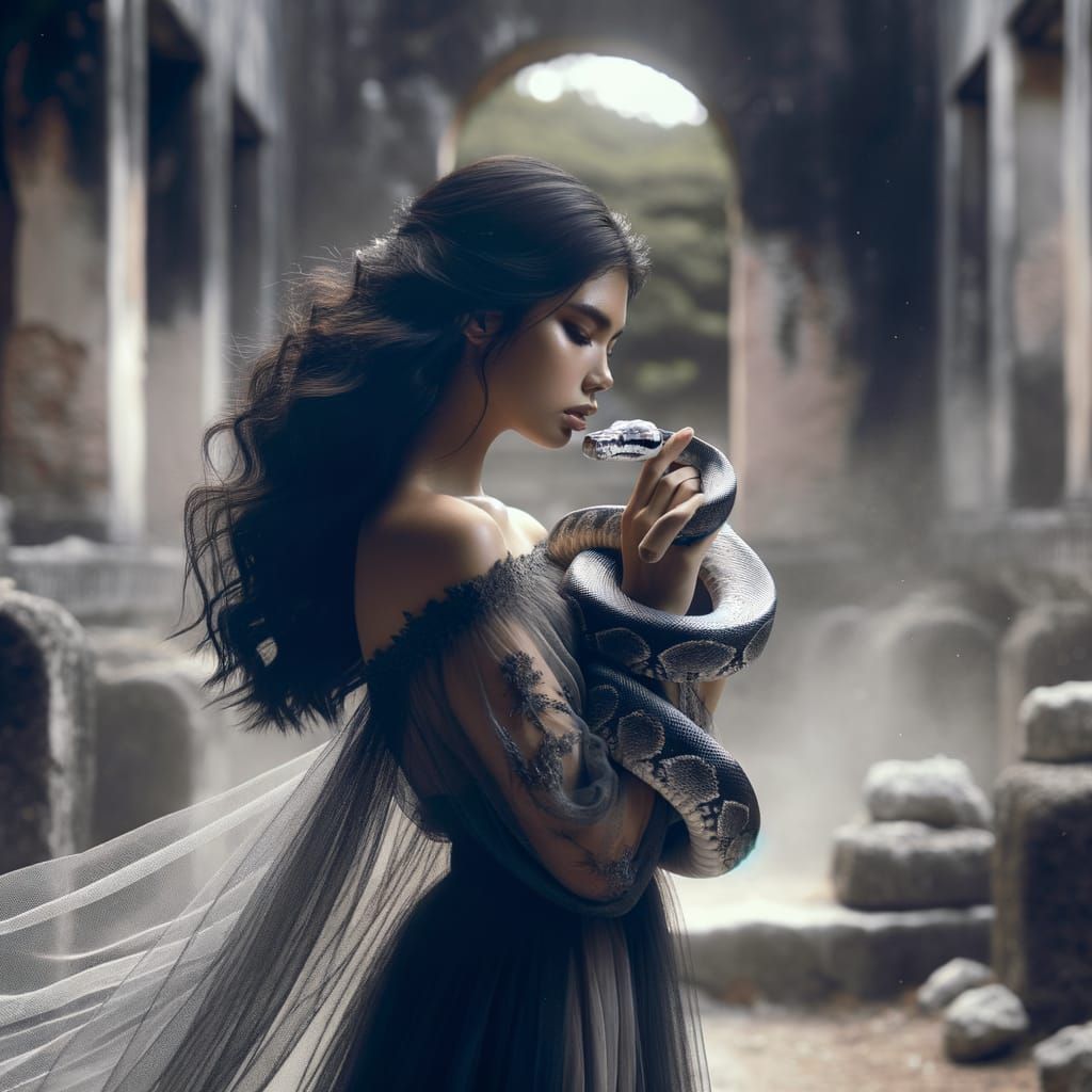 Hispanic Woman in Sheer Gown with Snake in Roman Ruins