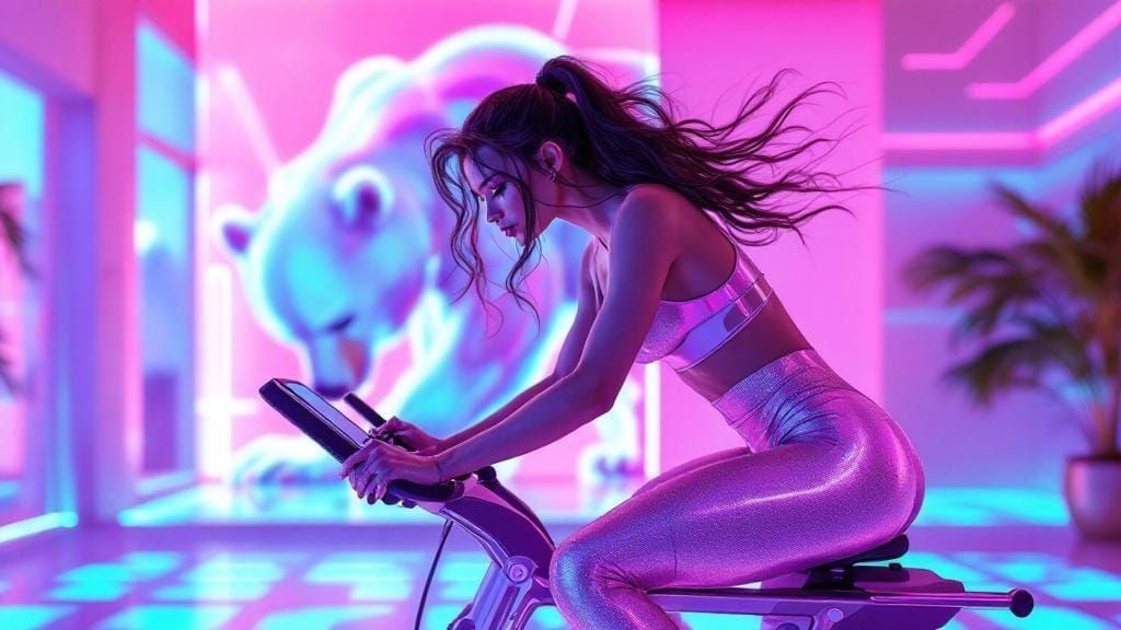 Futuristic Fitness Influencer in Vaporwave Sci-Fi Gym