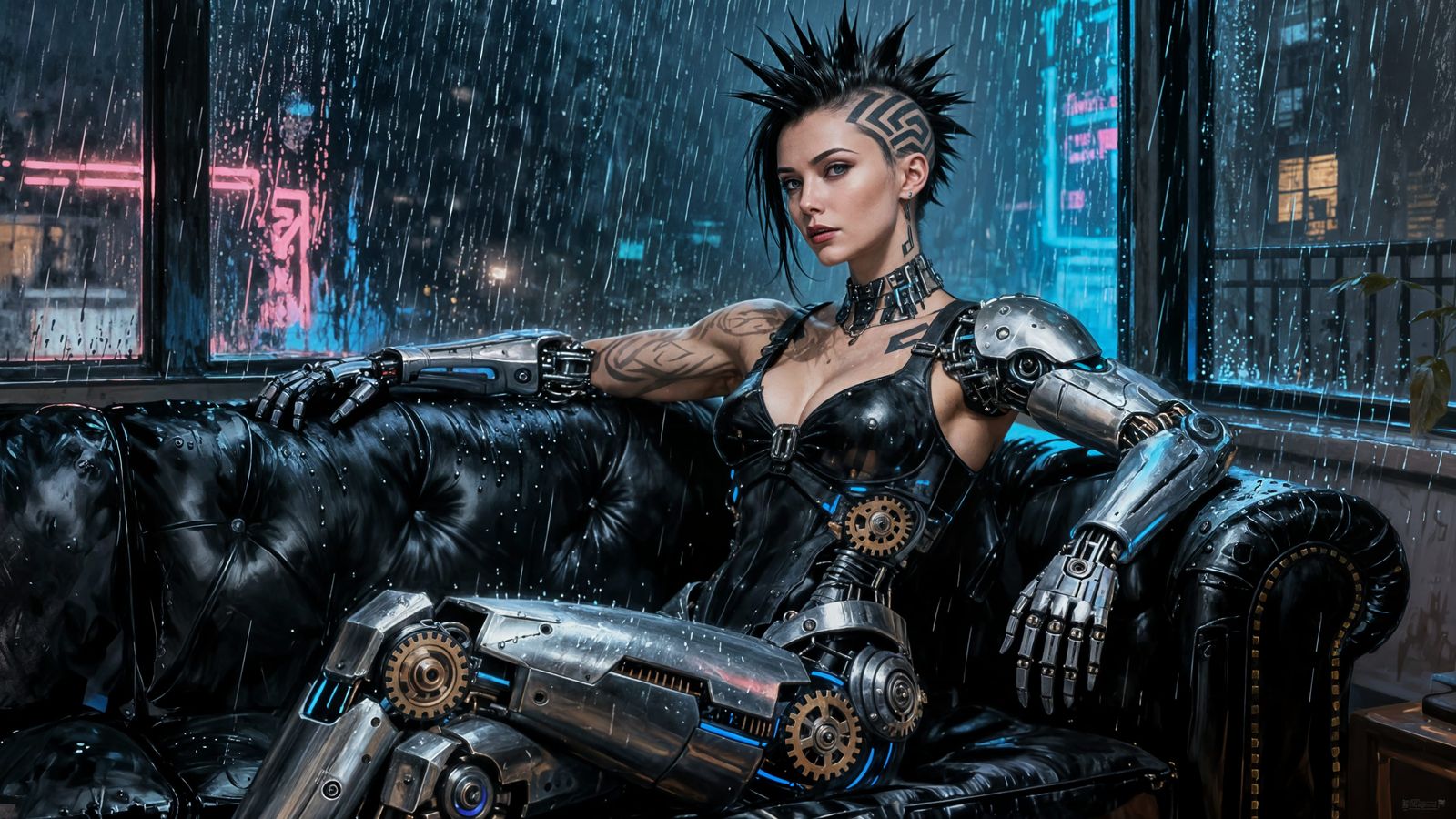 Gothic Woman with Mohawk & Muscular Body in Cyberpunk Apartm...