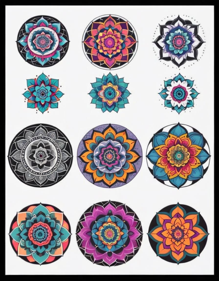 Colourful Geometric Mandalas Tattoo Flash Sheet: Digital Vec...