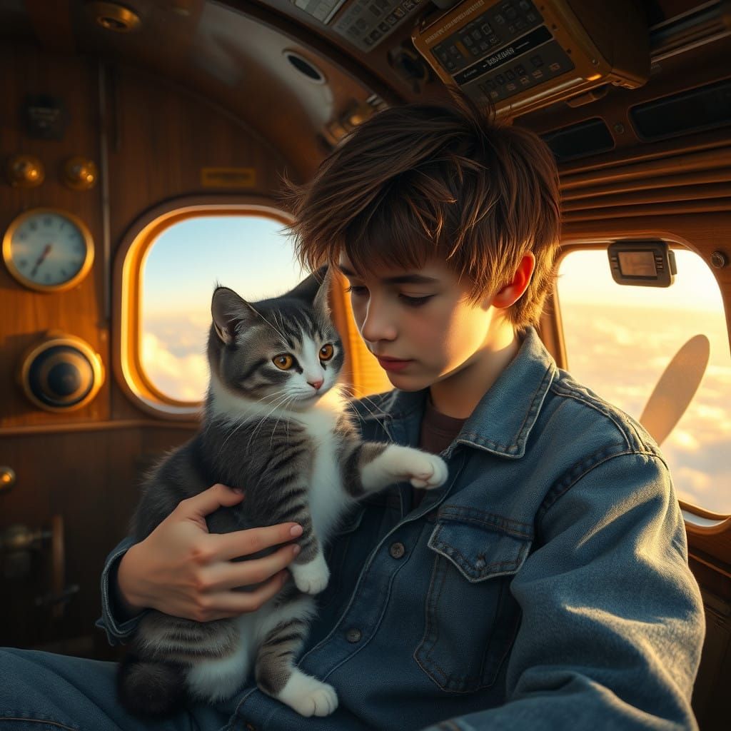 Teen Boy Plays with Cat on Vintage Flying Boat