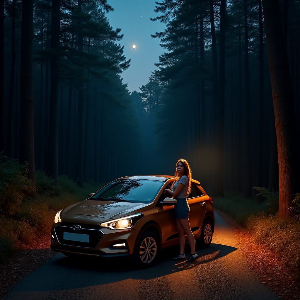 Person Relaxing by Car in Forest at Night