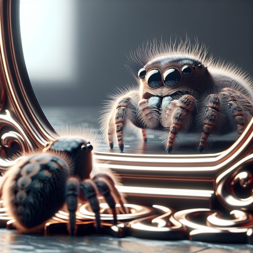 Hyperrealistic Baby Jumping Spider and Ornate Mirror