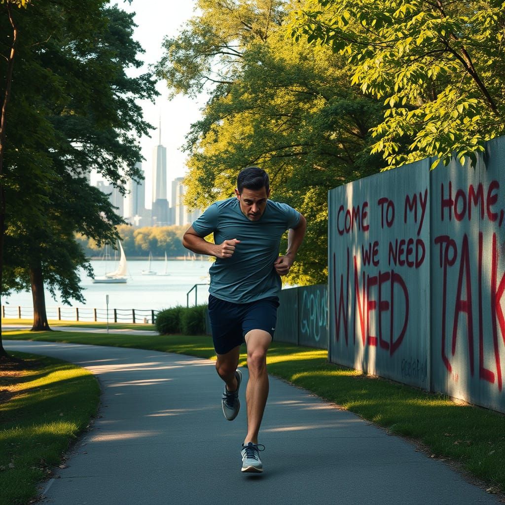 Surreal Athletic Scene in Mysterious Park Landscape