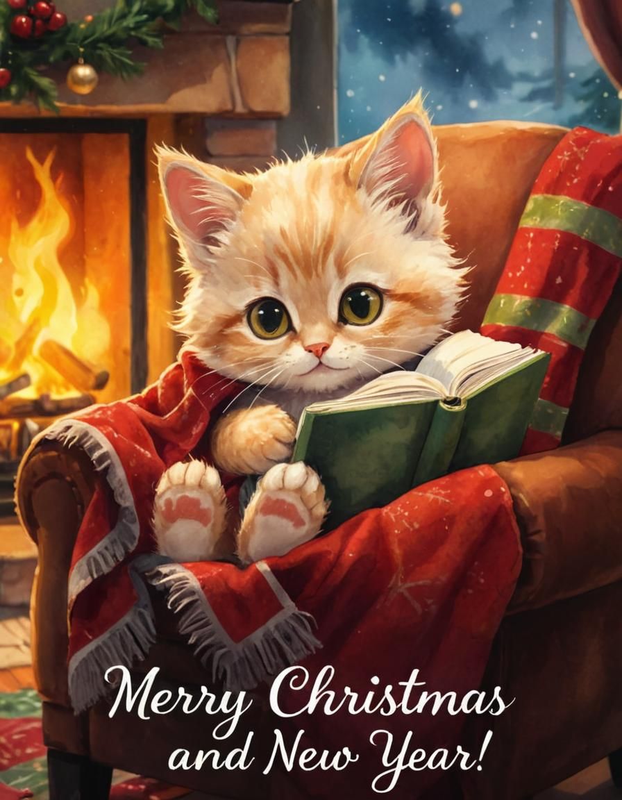 A cute cartoon fluffy kitten with big eyes is sitting in a chair by the fireplace, reading an adventure book, drinking c...