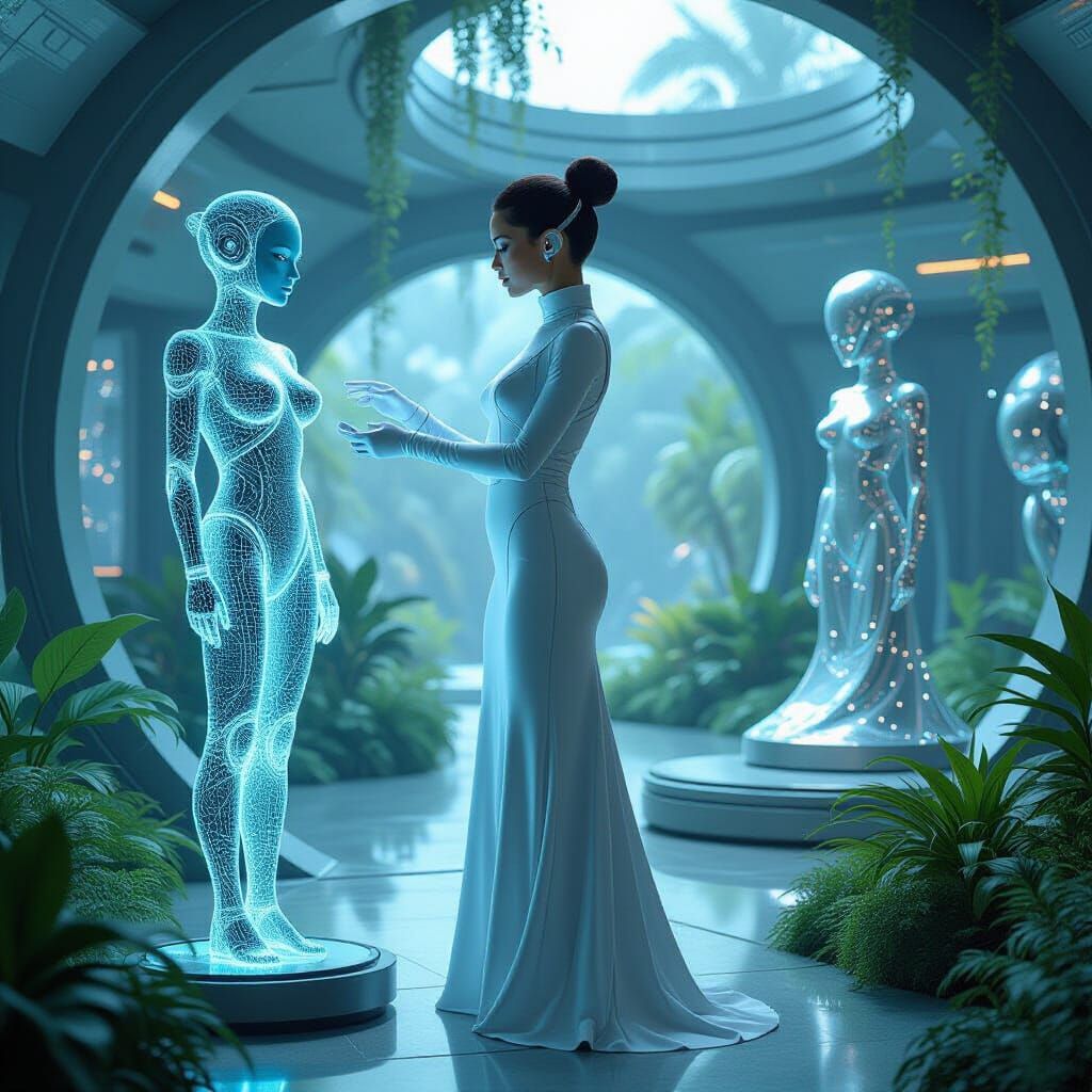 Arcturian Pilot Creating Sculpture in Futuristic Garden