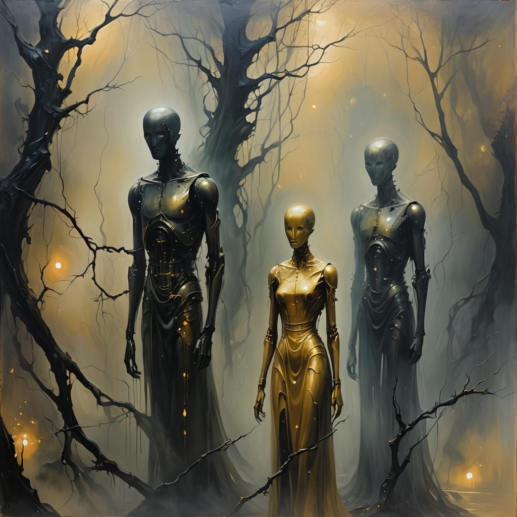 Surrealist Androids in Misty Chiaroscuro Oil Painting