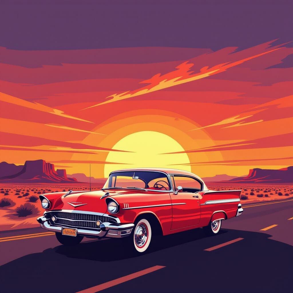 1950s Red Car on Desert Highway at Sunset Minimalist Illustr...