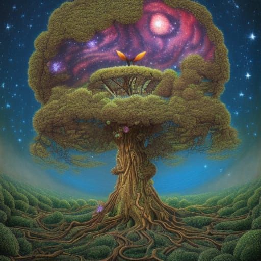 Treehouse in Dying Oak with Cosmic Night Sky