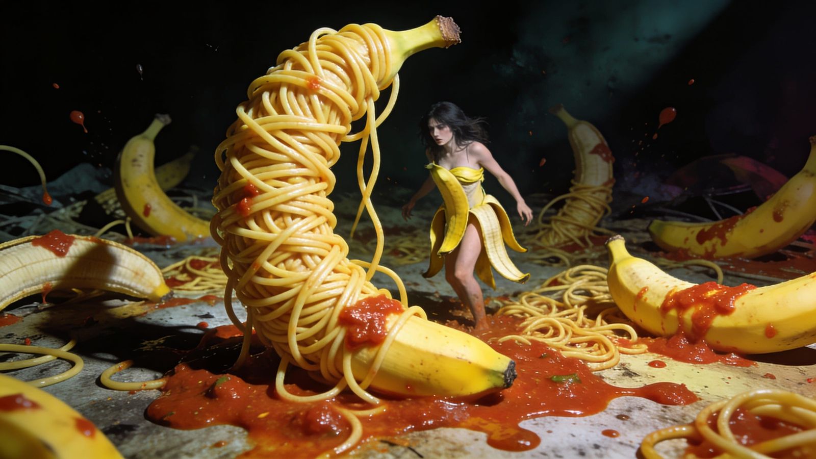 Surreal Spaghetti Banana Chaos with Psychedelic Woman