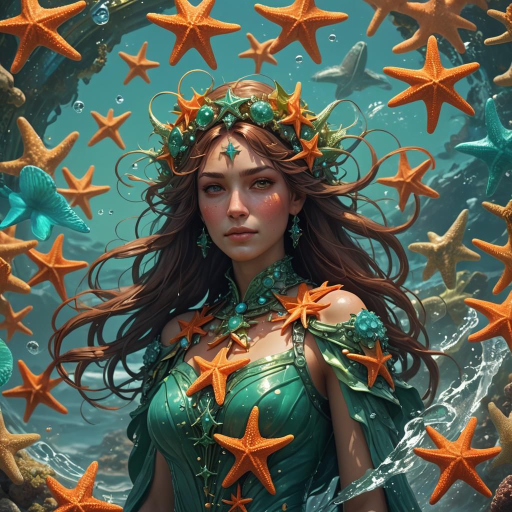 Green Sea Star and Woman in Art Nouveau Style