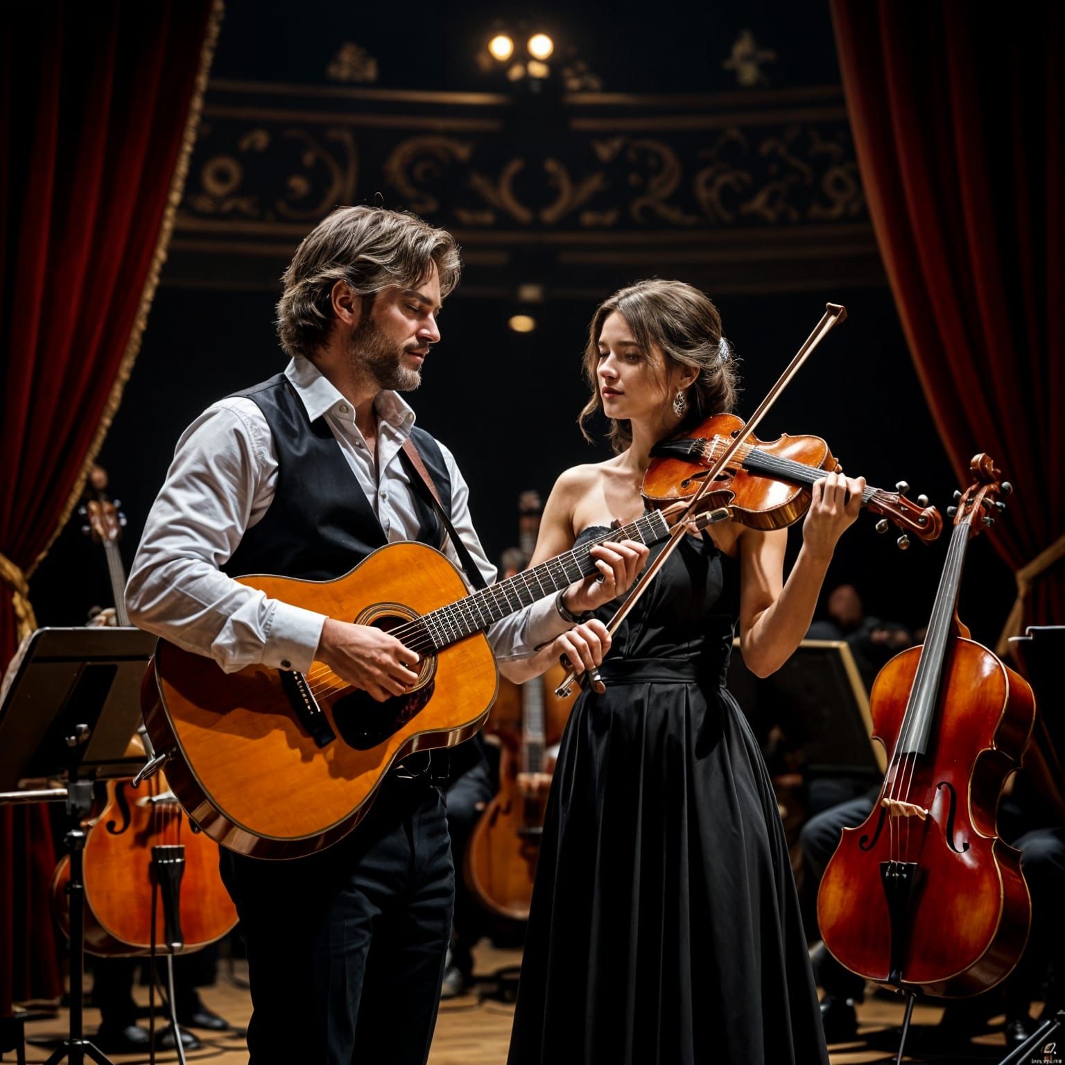 Man and Woman Playing Music in Realistic Style