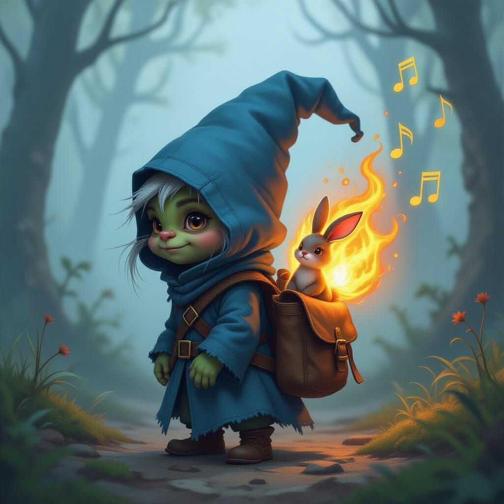 Whimsical Goblin with Magical Satchel in Misty Woodland