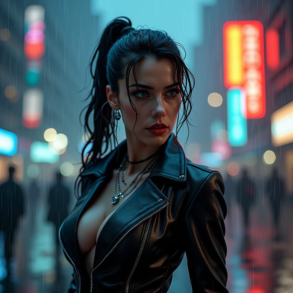 Cyborg in Rain-Soaked Cityscape, Film Noir Style