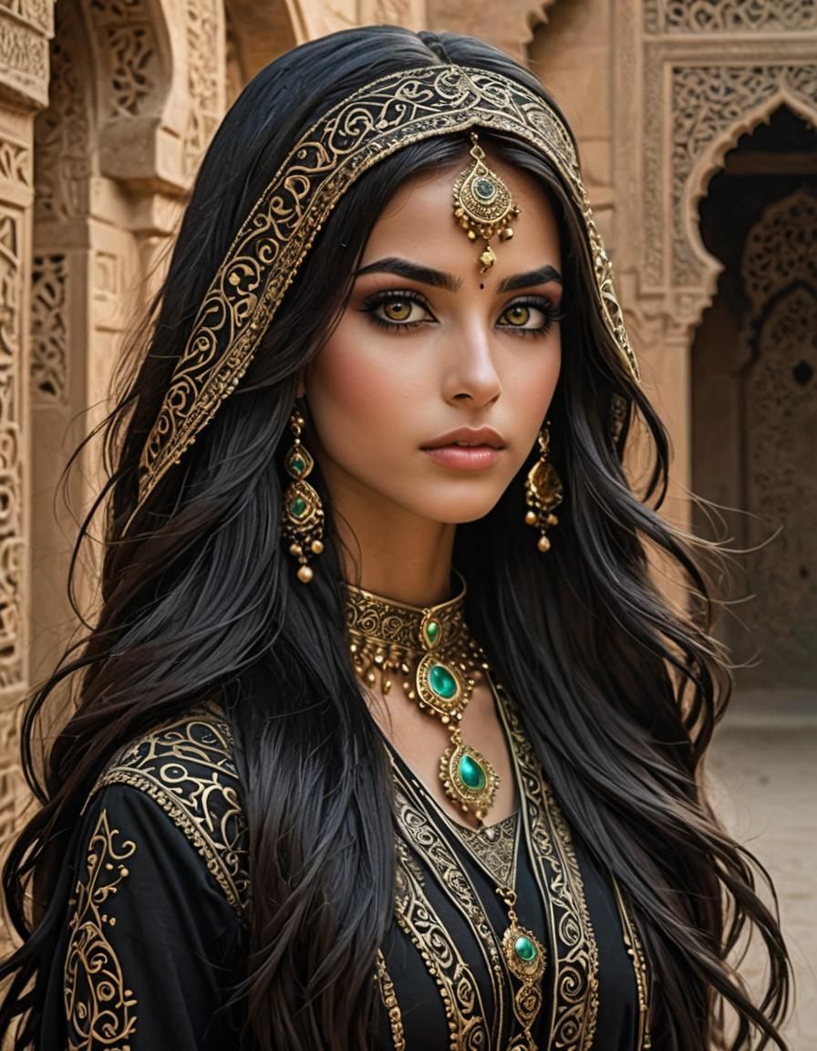 Arabian Girl with Long Hair in Desert Fantasy