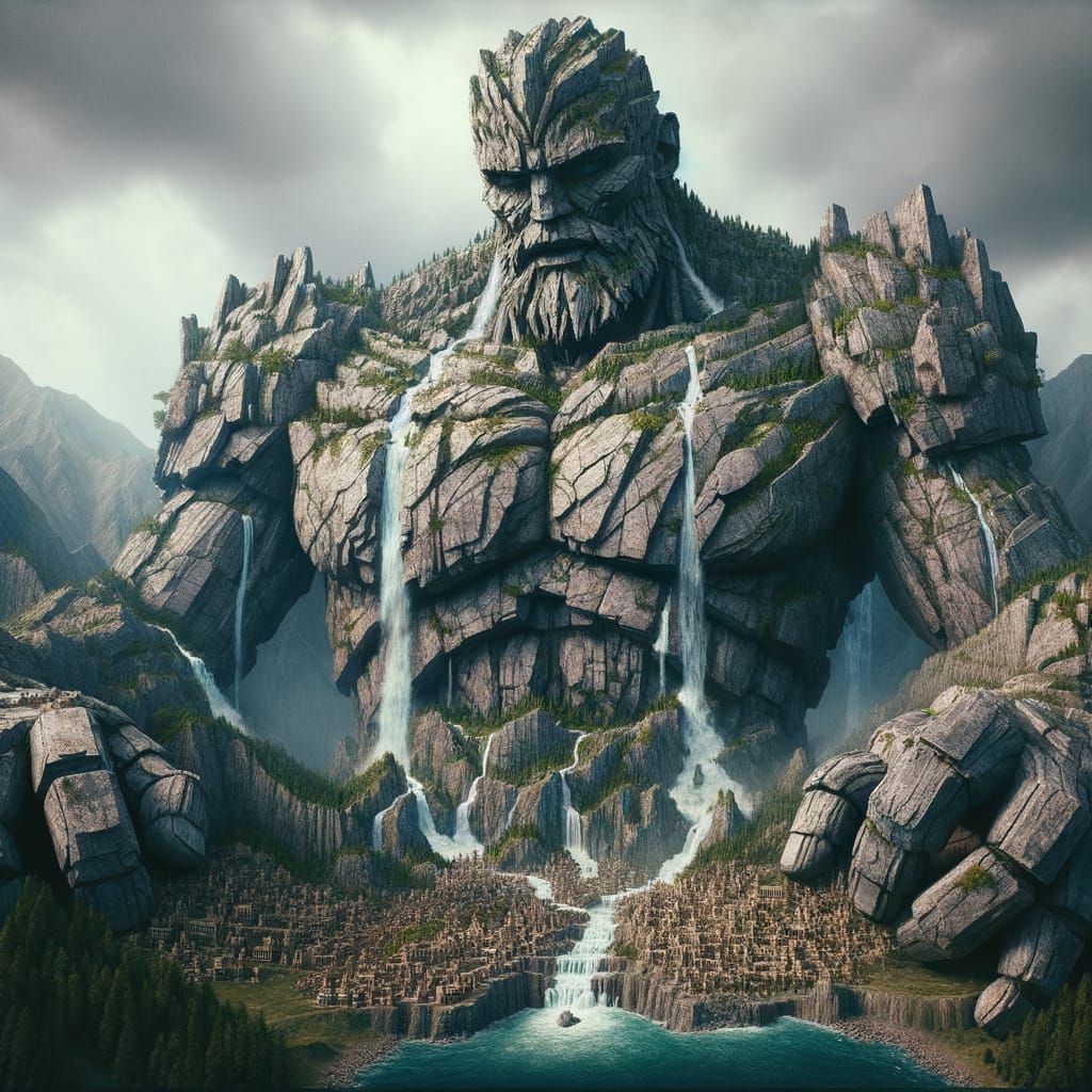 Giant Mountain Golem Awakens Over Miniature World