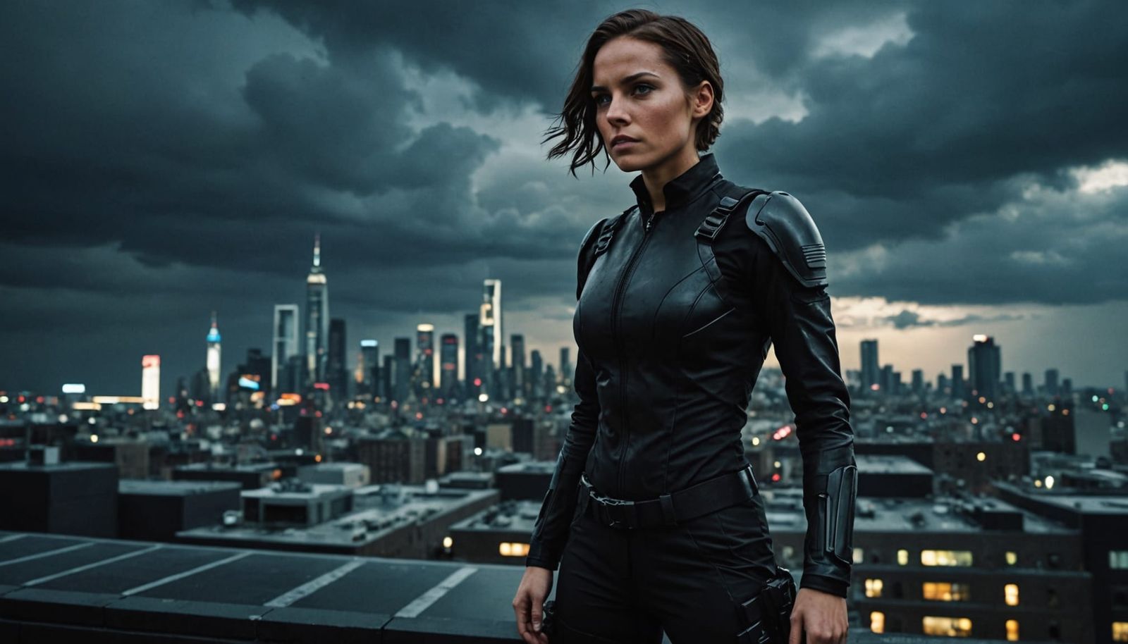 Agent Runline: Futuristic Rooftop Noir Scene