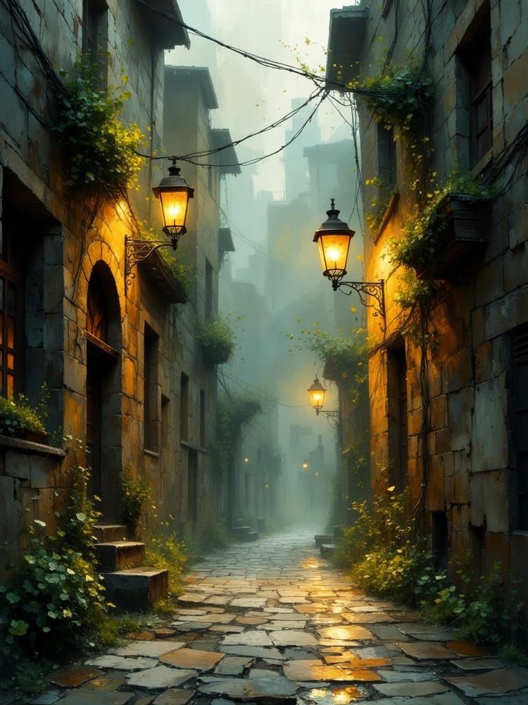 Lantern Glow on Wet Cobblestone Street in Old Town