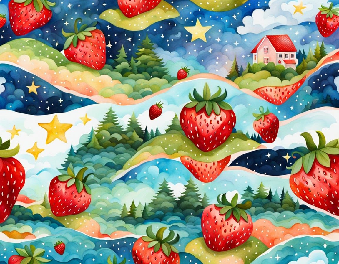 Strawberry Landscape Dreamlike Composition in Aquarelle Styl...