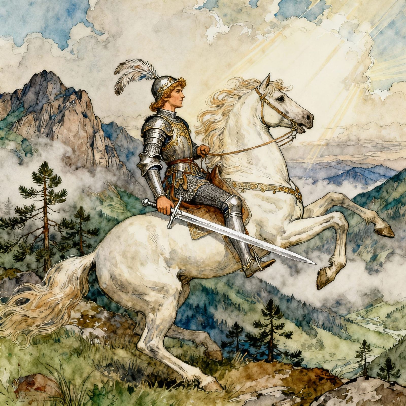 Fairytale Prince on Horseback in Mountains