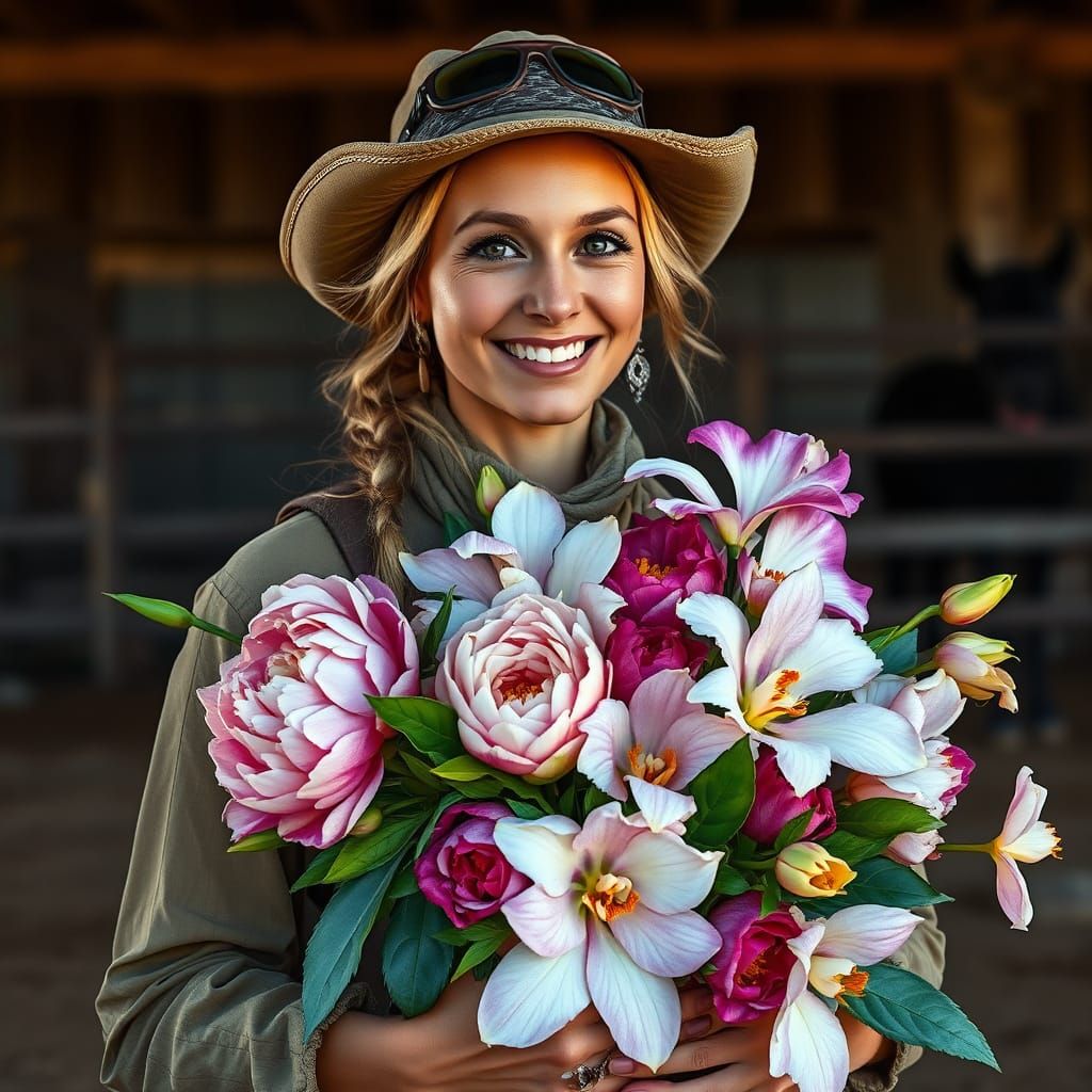 Bounty Hunter smiles while holding a bouquet